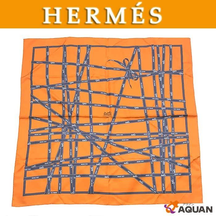 HERMES　エルメス　スカーフ　カレ90　Bolduc　リボン柄　オレンジ×グレー　シルク　未使用　送料込み｜aquankyoya