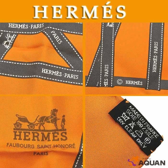 HERMES　エルメス　スカーフ　カレ90　Bolduc　リボン柄　オレンジ×グレー　シルク　未使用　送料込み｜aquankyoya｜03