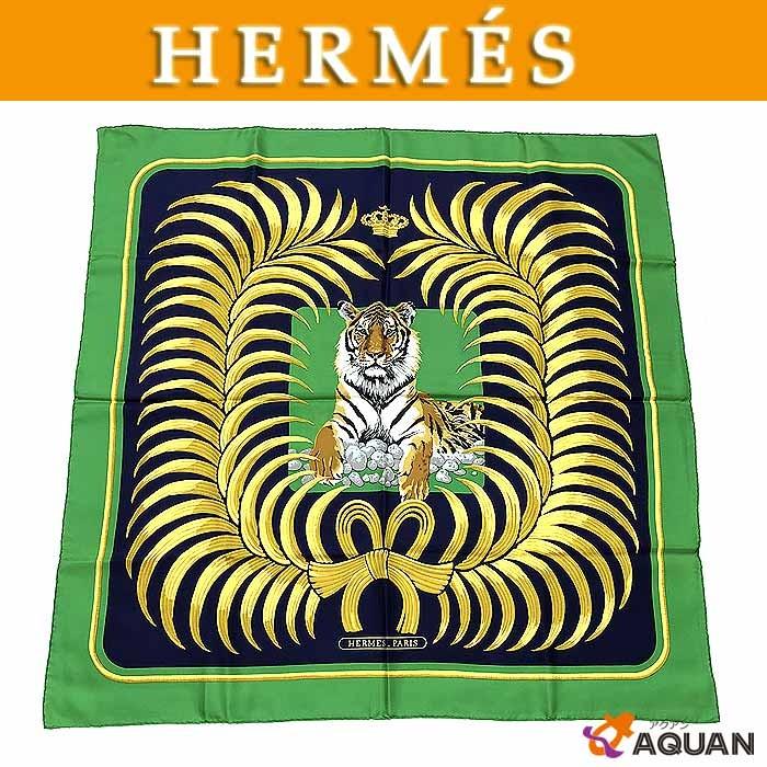 HERMES エルメス カレ90 大判スカーフ スカーフ トラ タイガー アニマル Tigre Royal 王者の虎 シルク グリーン×ネイビー :aq1257:ブランド&着物館アクアン京や