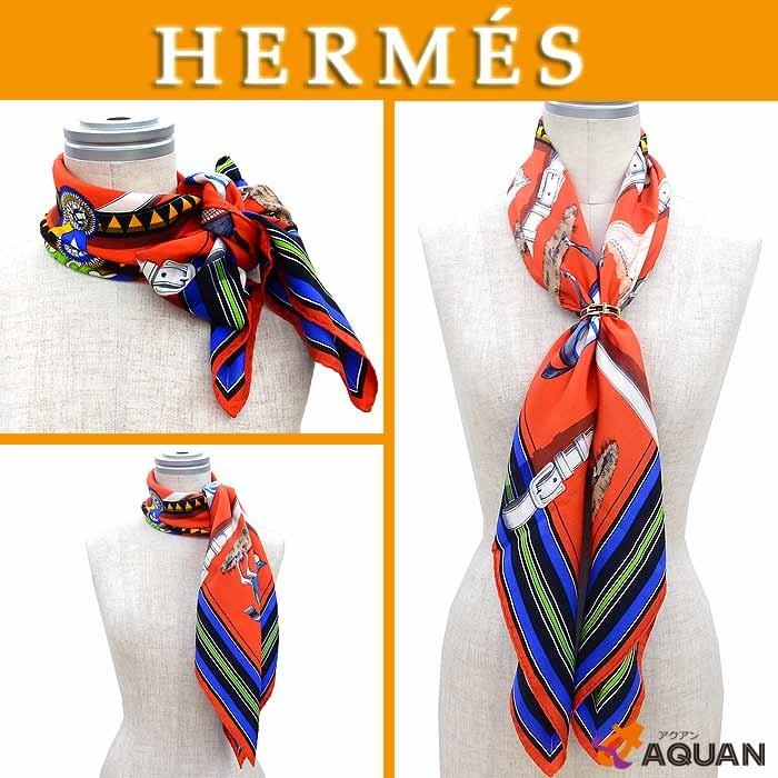 HERMES　エルメス　カレ90　スカーフ　Couvertures et tenues de Jour　馬着柄　シルク　レッド系｜aquankyoya｜02