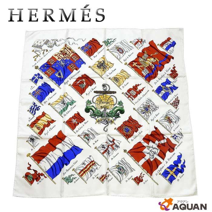 HERMES エルメス カレ90 大判スカーフ スカーフ PAVOIS 船旗柄 シルク ホワイト系 :aq1484:ブランド&着物館アクアン京