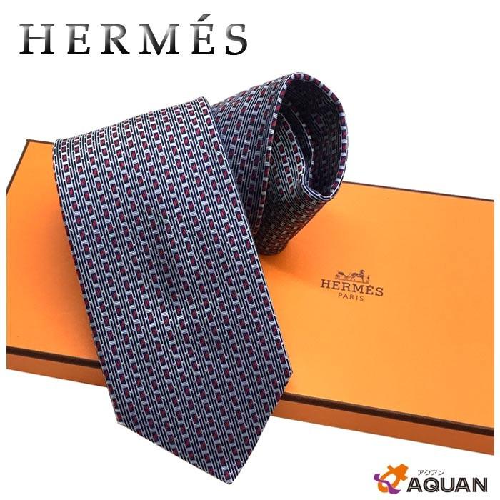 HERMES エルメス ネクタイ メンズ H柄 ネイビー×レッド シルク 未使用