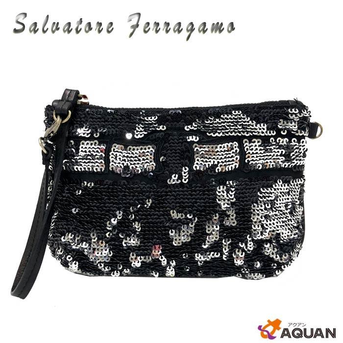 Salvatore Ferragamo　フェラガモ　スパンコール　リストレット　ミニポーチ　小物入れ　ブラック×シルバー｜aquankyoya