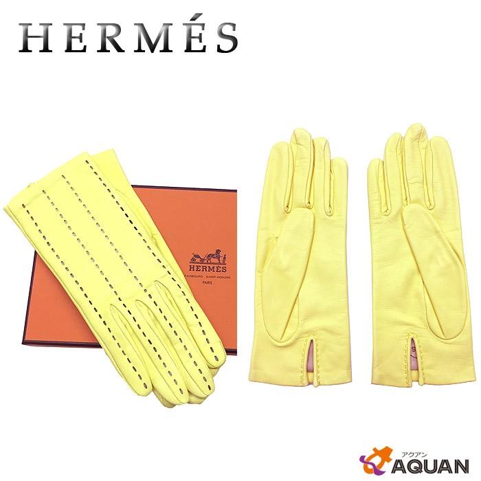 Hermes レディース エルメス ファッション グローブ エルメス 手袋 レディース サイズ7 ラムスキン イエロー 未使用 新品 箱