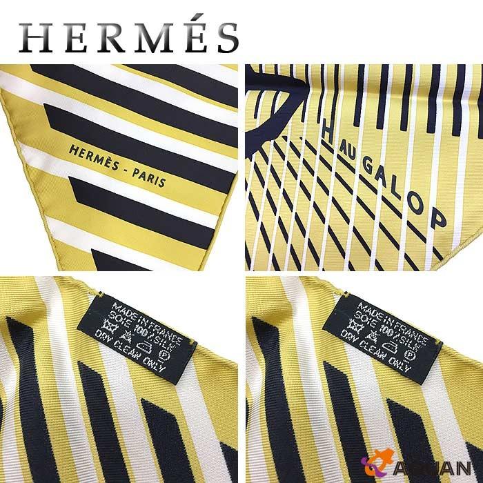 HERMES 三角リボン柄 シルクスカーフ 黒 緑 黄色