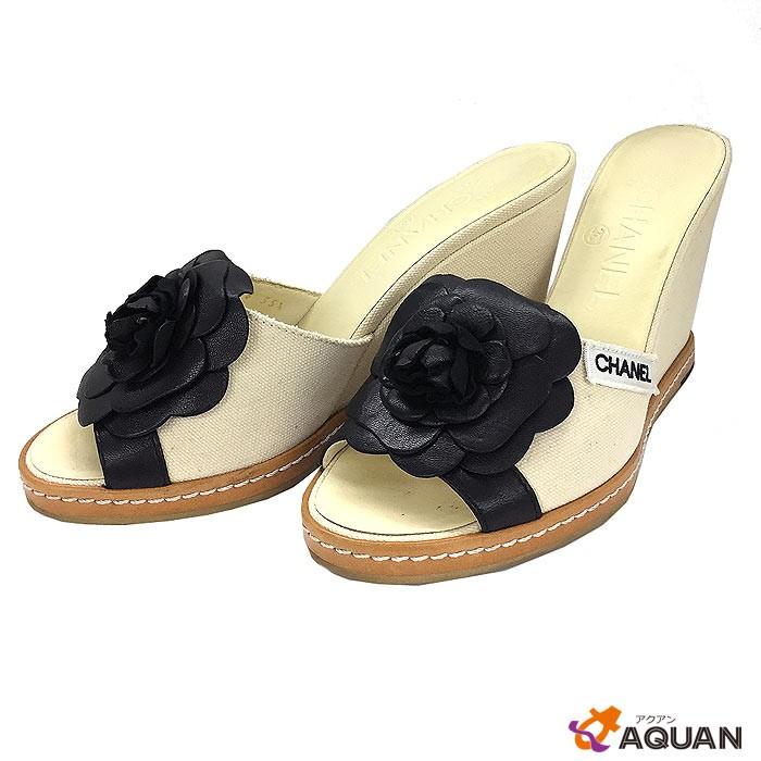 美品　シャネル　カメリア付　ウェッジソールサンダル　箱付き　35 1/2 美品 シャネル カメリア付 ウェッジソールサンダル 箱付き 35 1/2 美品
