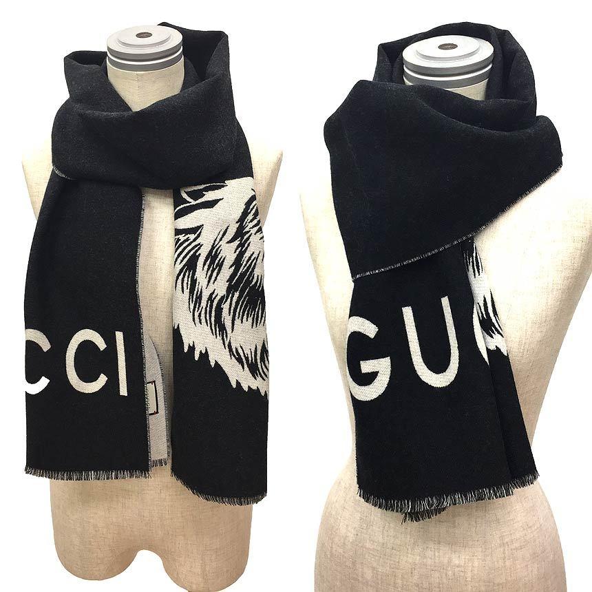 GUCCI グッチ ウルフ マフラー 495479 狼 オオカミ ブラック×白 GUCCI グッチ ウルフ マフラー 495479 狼 オオカミ ブラック×白