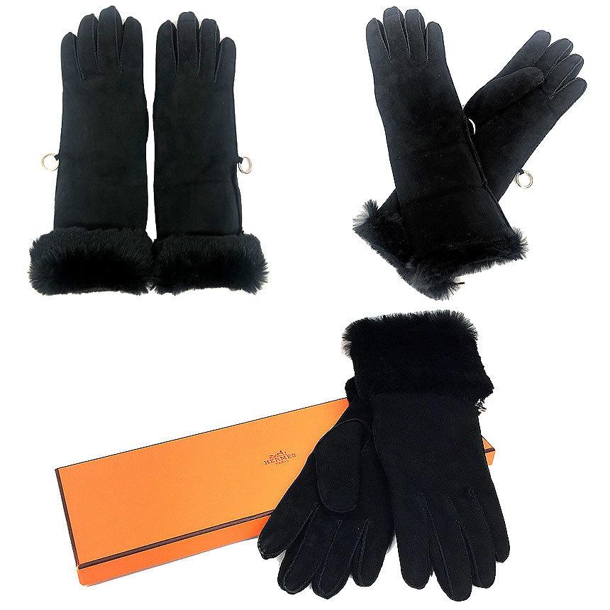 超高品質で人気の エルメス HERMES グローブ aq4668 手袋 レディース ２WAY ブラック ラパン レザー スウェード サイズ7 手袋 手袋
