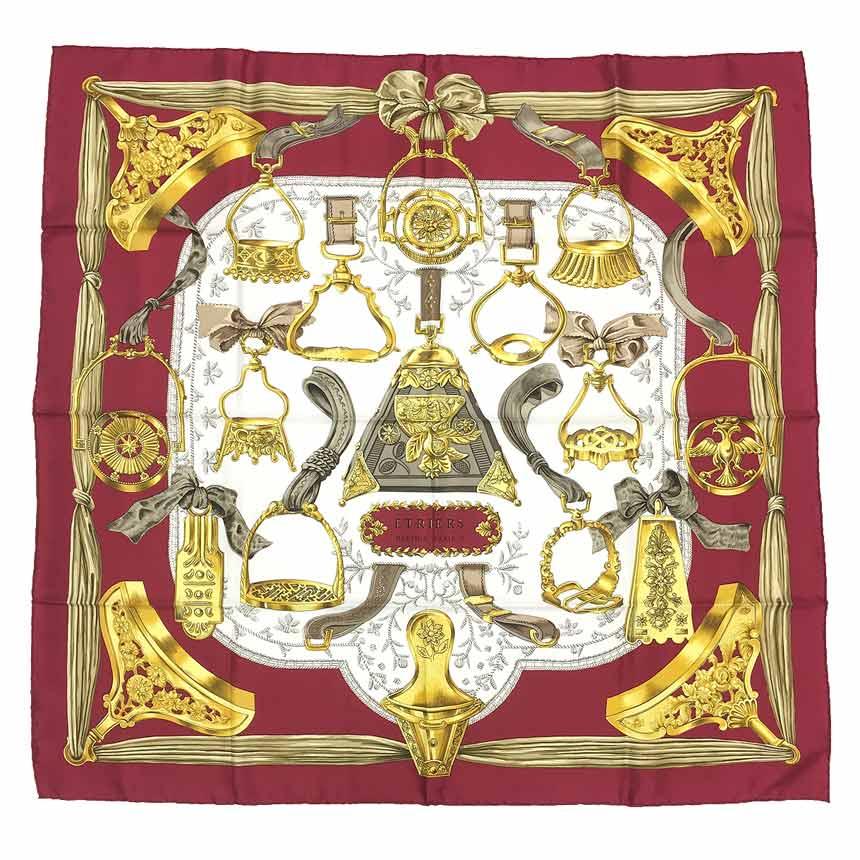 エルメス カレ 馬具デザイン プリーツスカーフ 白・赤・金