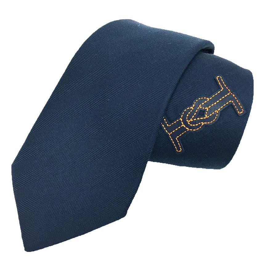 HERMES エルメス ネクタイ シルク ネイビー レザーアップリケ メンズ  