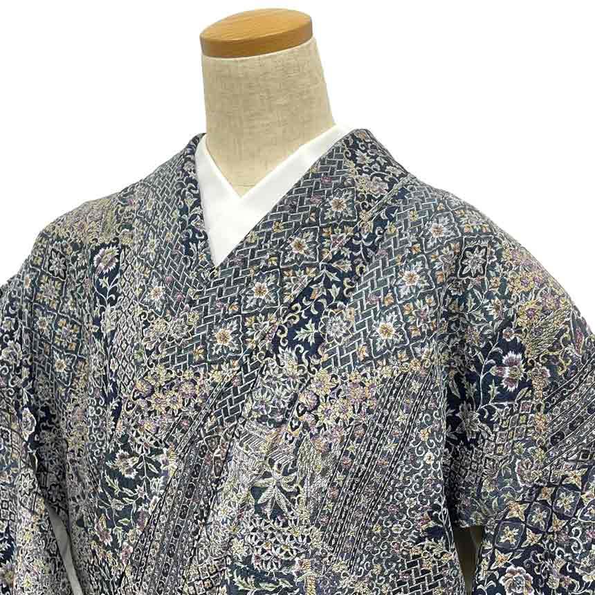 京やC051 正絹 更紗文様 小紋 黄綬褒章受章作品 江戸更紗 草木染 二 