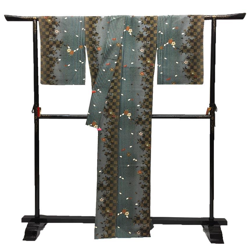 正絹 ちりめん小紋 格子柄 Prices down2】正絹 小紋 反物 着物「格子 