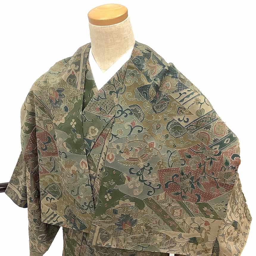 京やC107 正絹 小紋 ちりめん 汕頭刺繍 総刺繍 すわとう ショール付