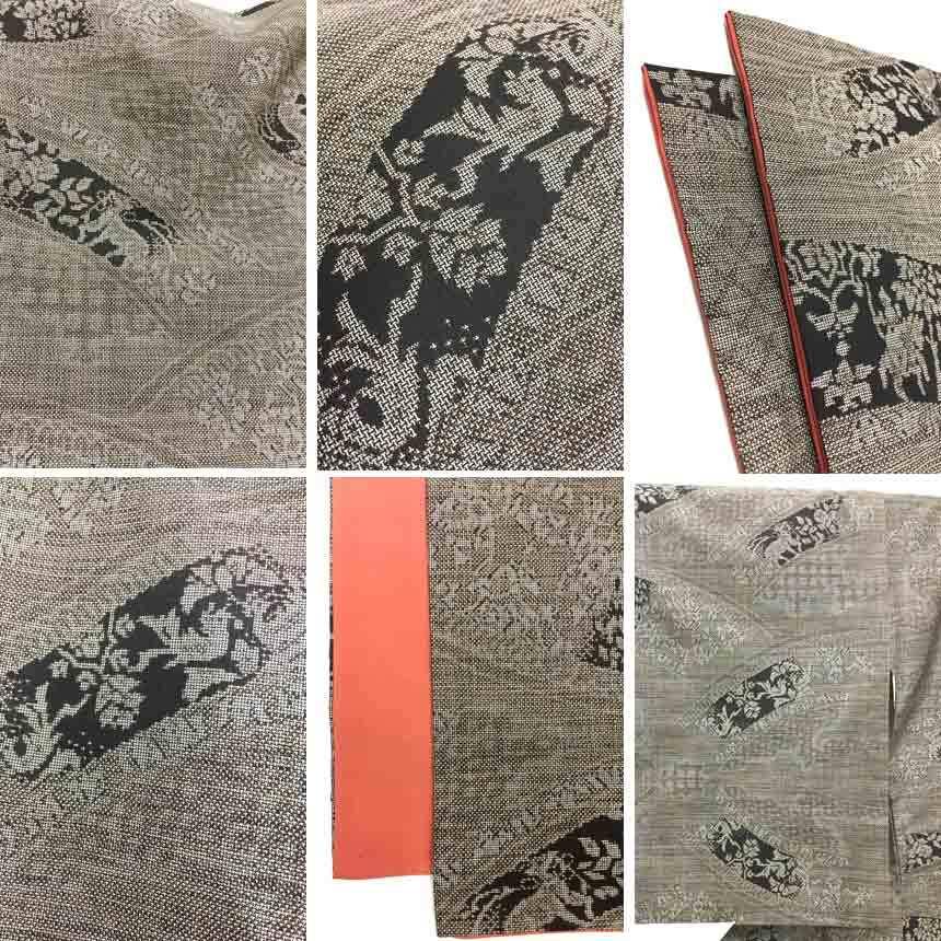 G046大島紬仕立て上がり花鳥風月幾何学文様ブラウン系 - 紬 