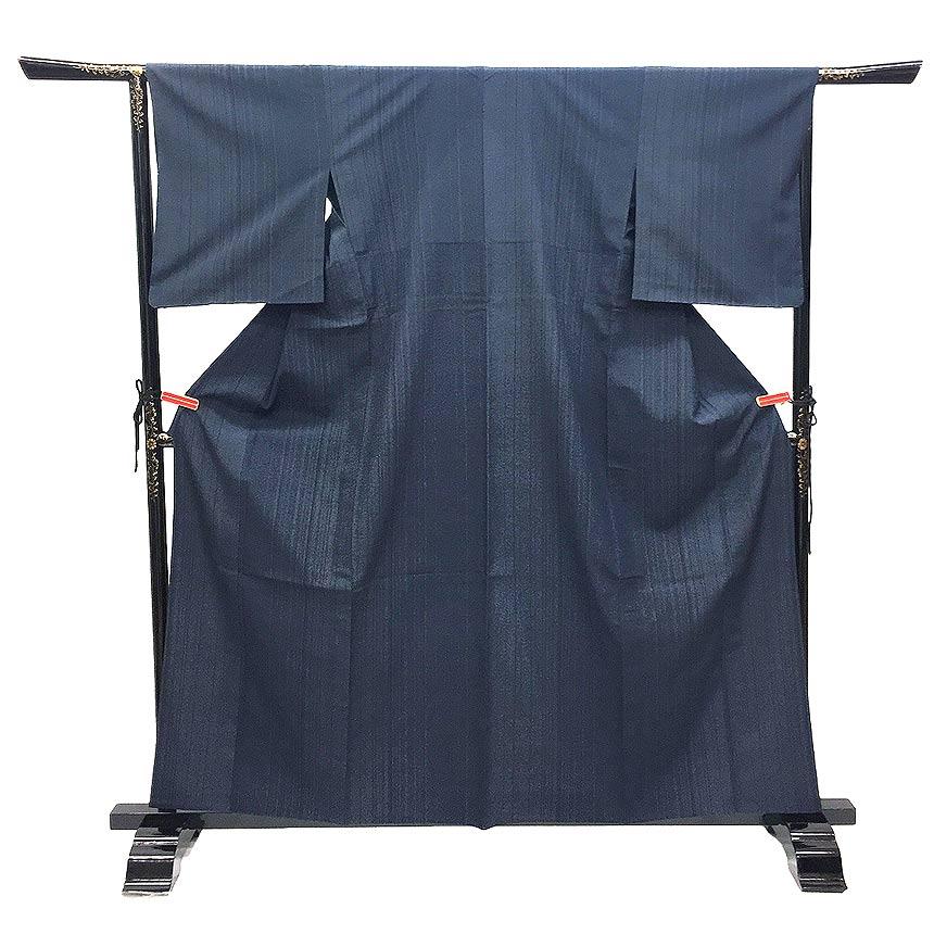 セール 京やH155 正絹 特選 伝統工芸品 塩沢紬 塩沢絣 紺藍色 縦縞文様