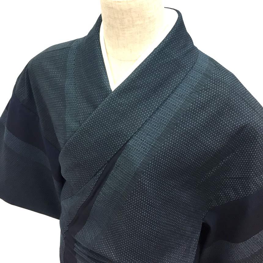 セール 京やH155 正絹 特選 伝統工芸品 塩沢紬 塩沢絣 紺藍色 縦縞文様