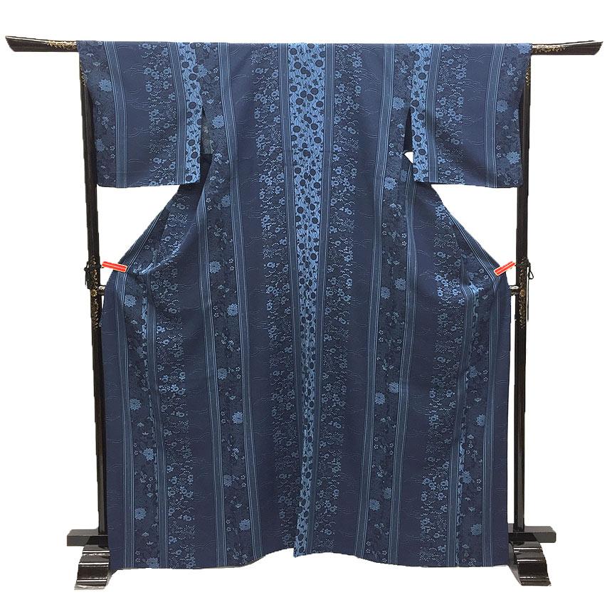 京やH169 正絹 特選 単衣 小紋 藍染 伝統工芸品 広衿 更紗唐草花文様 