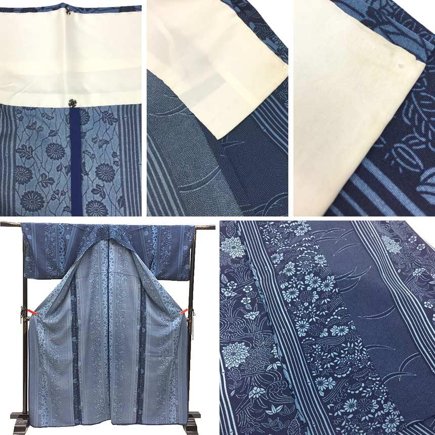 京やH169 正絹 特選 単衣 小紋 藍染 伝統工芸品 広衿 更紗唐草花文様 