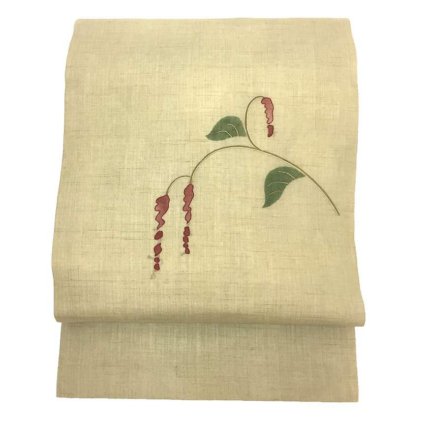 京やI402 麻 名古屋帯 夏名古屋帯 夏帯 秋の草花文様 麻の帯 九寸  