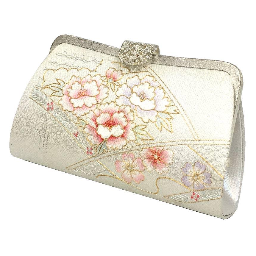 京やO229 和装バッグ 和服バック 佐賀錦織 銀糸金糸 牡丹文様 桜 菱