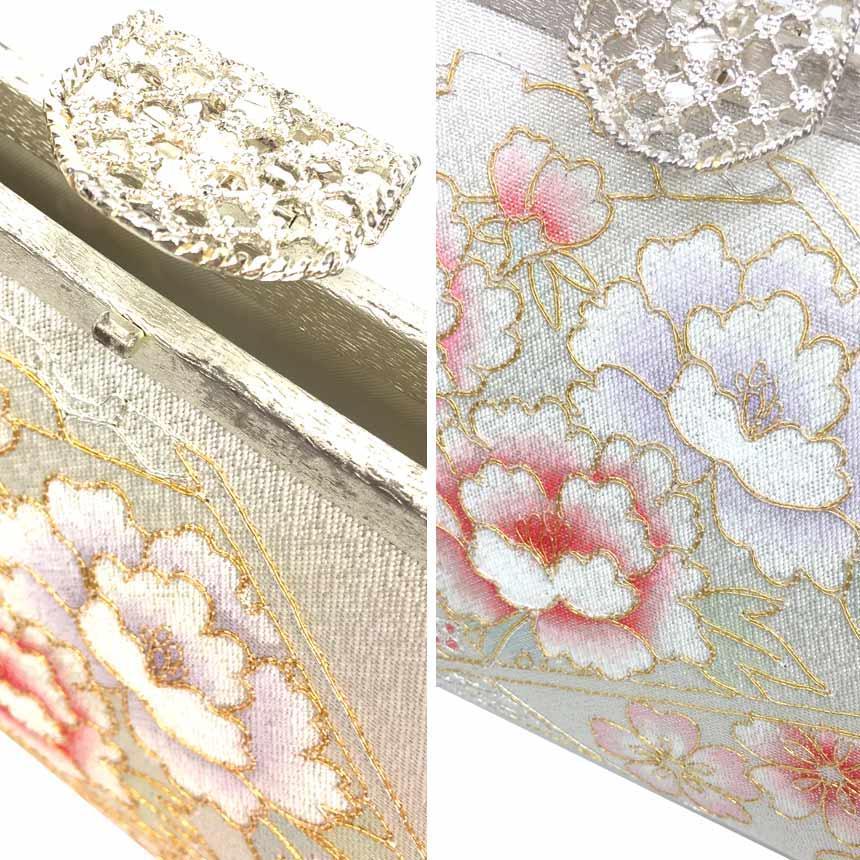 京やO229 和装バッグ 和服バック 佐賀錦織 銀糸金糸 牡丹文様 桜 菱