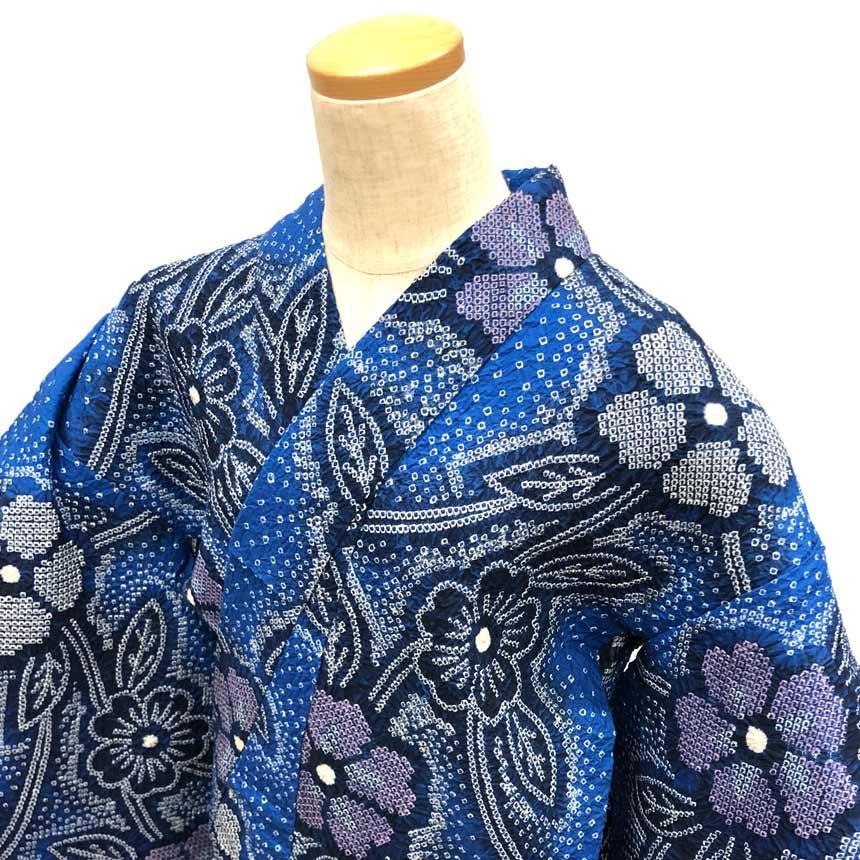 浴衣　有松鳴海絞り　ブルー　花と流水 京やY013 浴衣 本絞り染め 伝統工芸 有松 鳴海絞り 本格ゆかた 高級