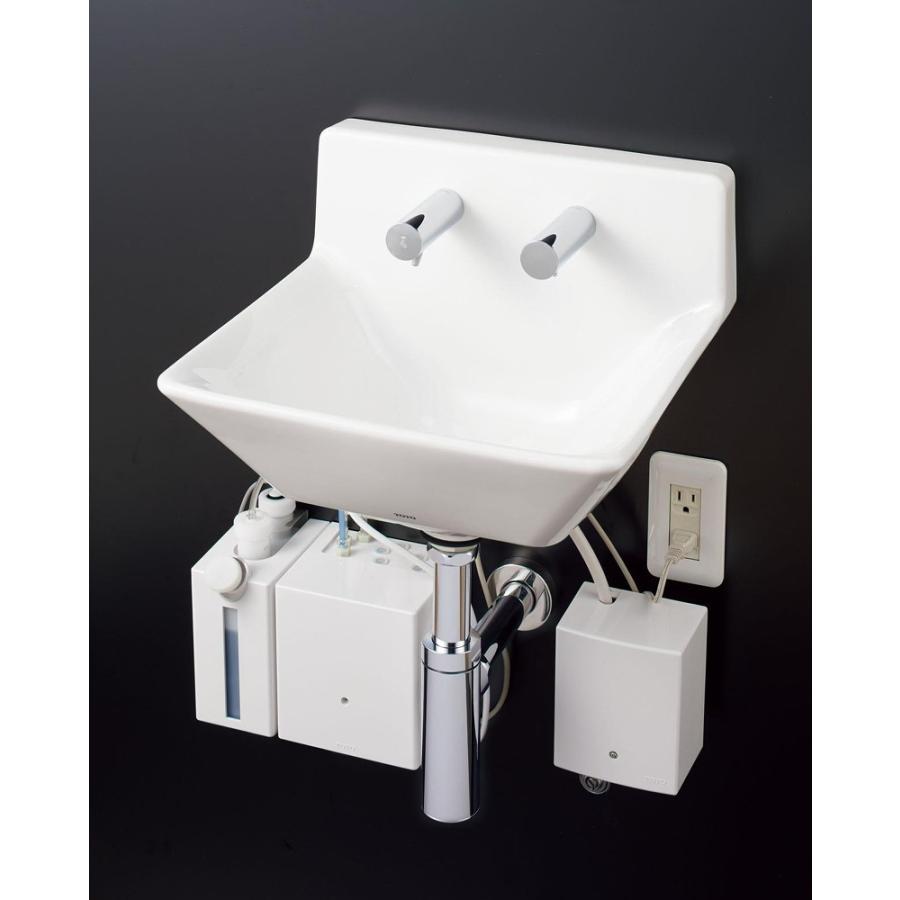 LSD125CC　TOTO　壁掛ハイバック洗面器　自動水栓（サーモ・発電）　自動水石けん供給栓（1.0L）　壁排水（ボトルトラップ）｜aquashop07