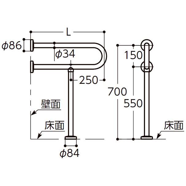 TOTO T112CP21 TOTO パブリック用手すり P型手すり（腰掛便器用）550mm