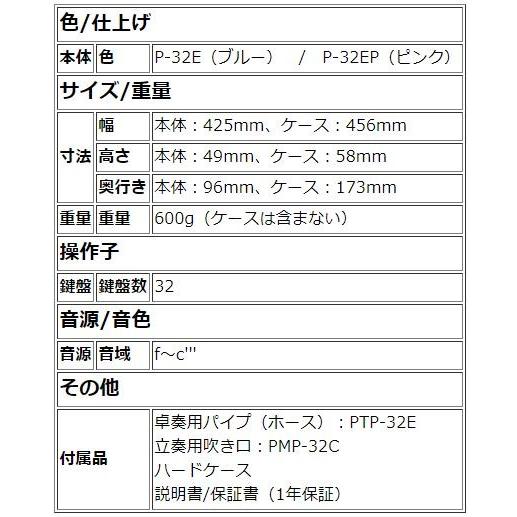 ヤマハ YAMAHA 鍵盤ハーモニカ　ピアニカ ７年保証付き！　32鍵盤　P32E ブルー / P32EP ピンク　鍵盤シールをプレゼント｜arabastamusic｜07