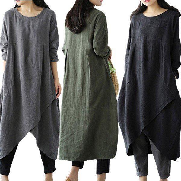 リネン ワンピース レディース ワンピース イレギュラー エスニック風 ロング丈 ワンピース ロングワンピース 亜麻混 リネンワンピ ブラック 長袖 体型カバー 高い素材