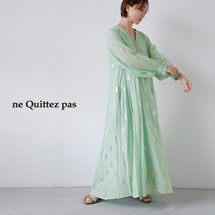 ヌキテパ　今季新品　　コットンボイル　フラワー　箔プリント　スリーブドレス　白 NE QUITTEZ PAS!（ヌキテパ） ne Quittez pas コットンボイル フラワー