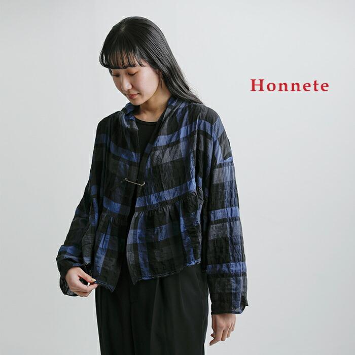 Honnete（オネット） シャーリング チェック ギャザー カーディガン ho
