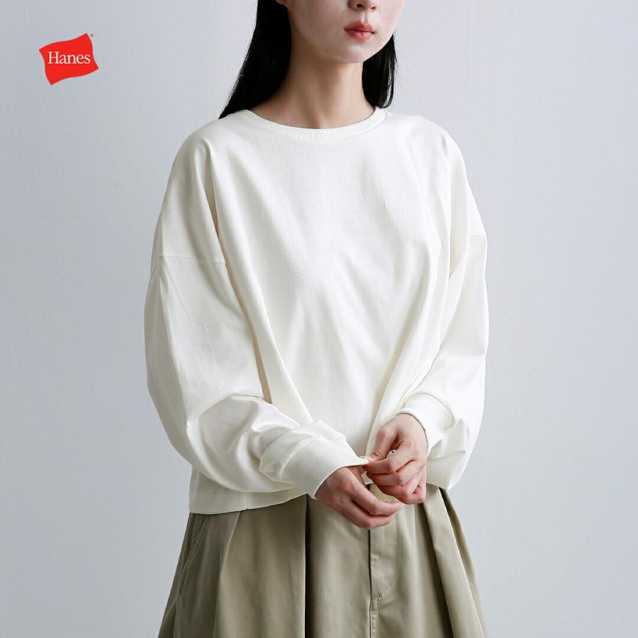 Hanes（ヘインズ） コットン天竺 クロップドワイド 長袖 Tシャツ SHIRO