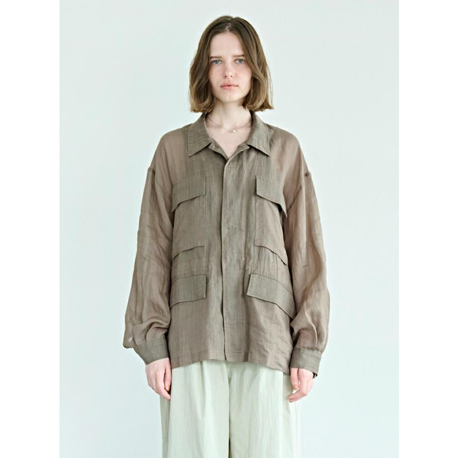 SHARE SPIRIT 泥染め ミリタリーシャツJKT 茶 コットンラミー kha:ki（カーキ） セール【30%OFF】カーキ シアーラミーポプリン