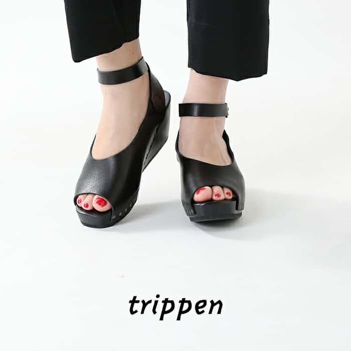 trippen トリッペン アンクルベルト ウッド ウェッジソール ブラック 