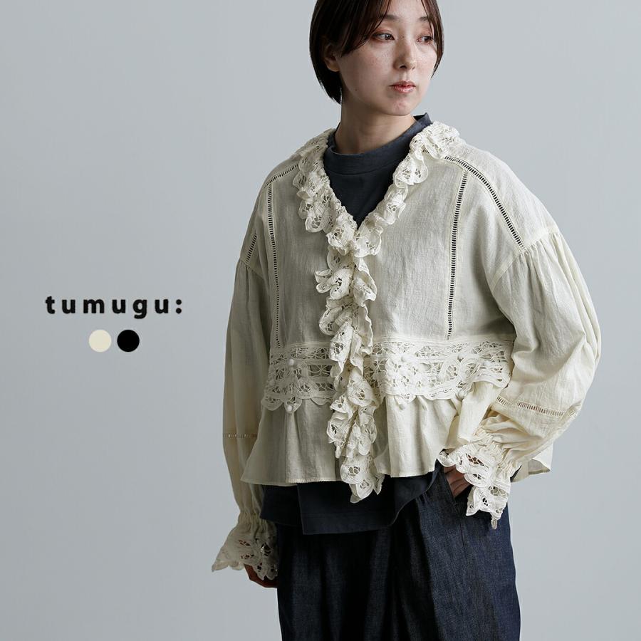 tumugu（ツムグ） コットン リネン キャンバス パテンレース ブラウス