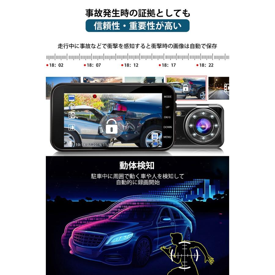 ドライブレコーダー 前後カメラ GPS搭載 1296P Full HD 1280万画素 4.0インチ 駐車監視 170度広角 ループ録画 動体検知 暗視機能 WDR 衝撃録画