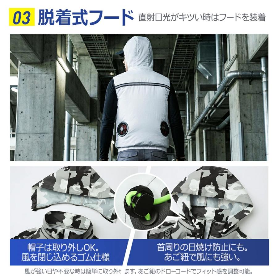 50V 40500mAh大容量バッテリー グレー Lサイズ空調服 フード付ベスト クーポンで10800円！ 空調ベスト 空調作業服 40500mAhバッテリー 作業