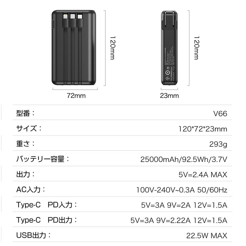 モバイルバッテリー アダプター 軽量 大容量 25000mAh ケーブル内蔵 2in1 急速充電 ACアダプター スマホ充電器 AC式 充電器 折りたたみ式 コンパクト｜aranet｜15