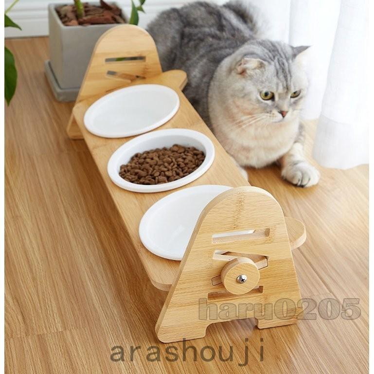 予約受付中 フードボウル 猫食器 猫用 フードボウルスタンド ペット用 食器 キャット 竹製 陶器 台付き小型犬用 高さ調節可能 傾斜 餌やり 2連 2皿 3皿 ペット食器 Www Gaviao Ba Gov Br