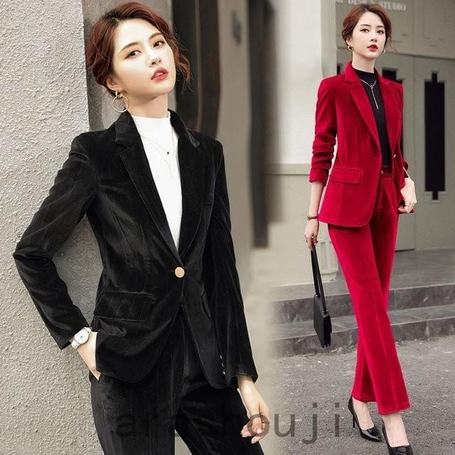 ブラック フォーマル スーツ レディース ベルベット ベロア パンツスーツ 赤 ブルー スーツ 春 秋 オシャレ 結婚式 卒園式 通勤 ビジネススーツ Ara316 12 嵐商会 通販 Yahoo ショッピング