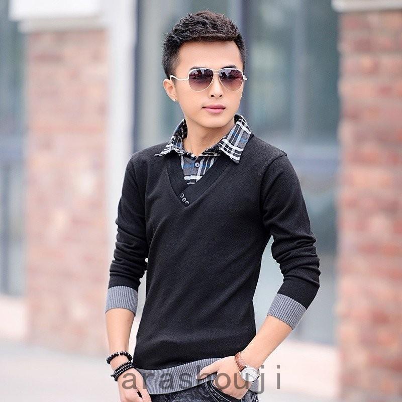 メンズお洒落重ね着風 Vネック ニット セーター 黒 グレー M Xl二重襟付き ニット セーター 長袖スリム Ara316 1664 嵐商会 通販 Yahoo ショッピング