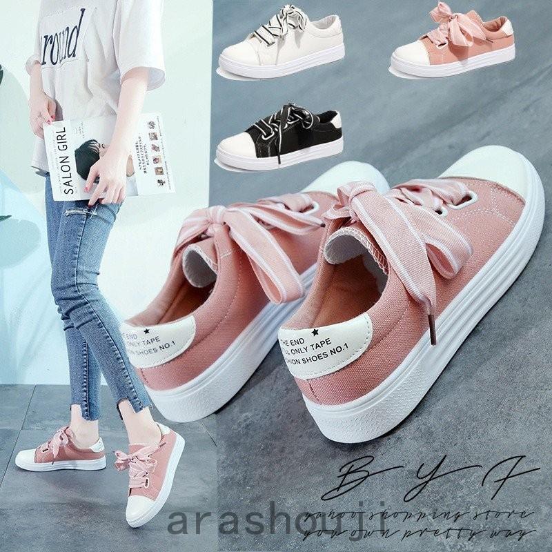 スニーカー レディース キャンパス レースアップ リボン 靴 フラットヒール スニーカー 白 滑り止め カジュアル 美脚 春夏秋冬 おしゃれ 可愛い 大人気 Ara317 1047 嵐商会 通販 Yahoo ショッピング