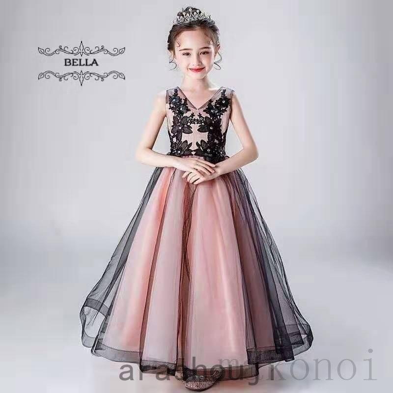 ドレス 子供 子供ドレス 発表会 結婚式 格安 コンクール ピアノ ロング キッズドレス ブラック ピンク ロングドレス 刺繍 1 130 140 150 160 オンラインショップ