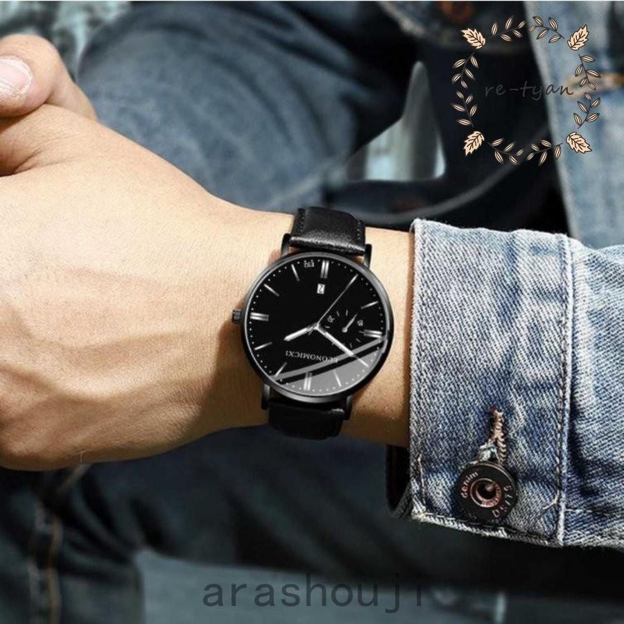 腕時計メンズおしゃれ黒白軽い薄いアナログ革ベルトレザー安い Pc2 嵐商会 通販 Yahoo ショッピング
