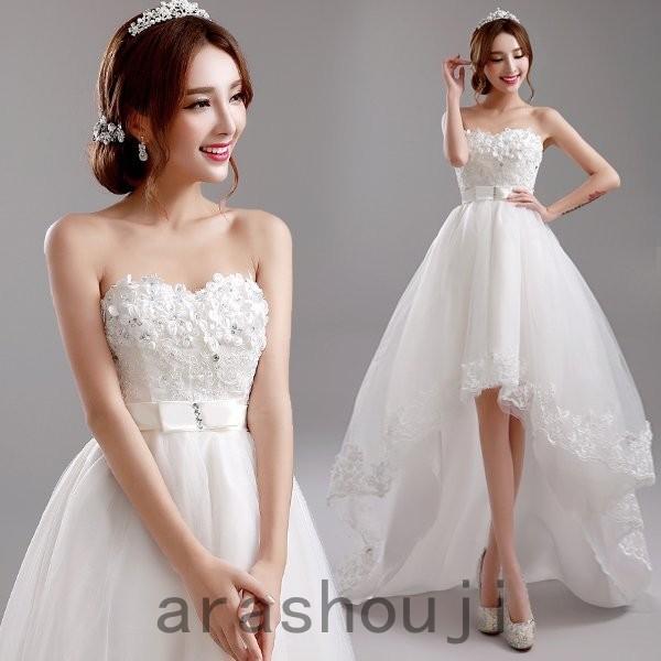 ウエディングドレス 袖なし トレーンドレス ベアトップ 前ミニ フラワーブラ サッシュリボン ブライダル ロングドレス 結婚式 新作 D1r2ed7hyp ファッション Windowrevival Co Nz