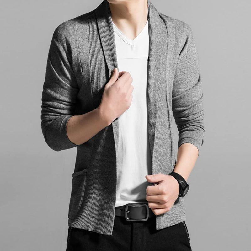 チーアンtiann メンズ カーディガン コットン ジャケット風 羽織 着回し ライトグレー カーデ 襟付き ストレッチ ニットカーディガン