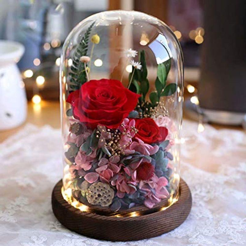プリザーブドフラワー ギフト 枯れない花 ガラスドーム Ledライト付き アロウラルラウンドショップのプリザーブドフラワー ギフトボックス 手提げ袋 メッセージカード付き ロ ドライフラワー 花束 アレンジメント ロ なら