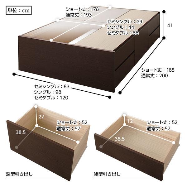 〔お客様組み立て〕 収納 ベッド ヘッドレス 通常丈 セミダブル 日本製薄型ポケットコイルマットレス付き ダークブラウン 日本製〔代引不可〕