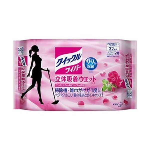 （まとめ）花王 クイックルワイパー立体吸着ウエットシート エッセンシャルローズの香り 1パック（32枚）〔×10セット〕送料込み
